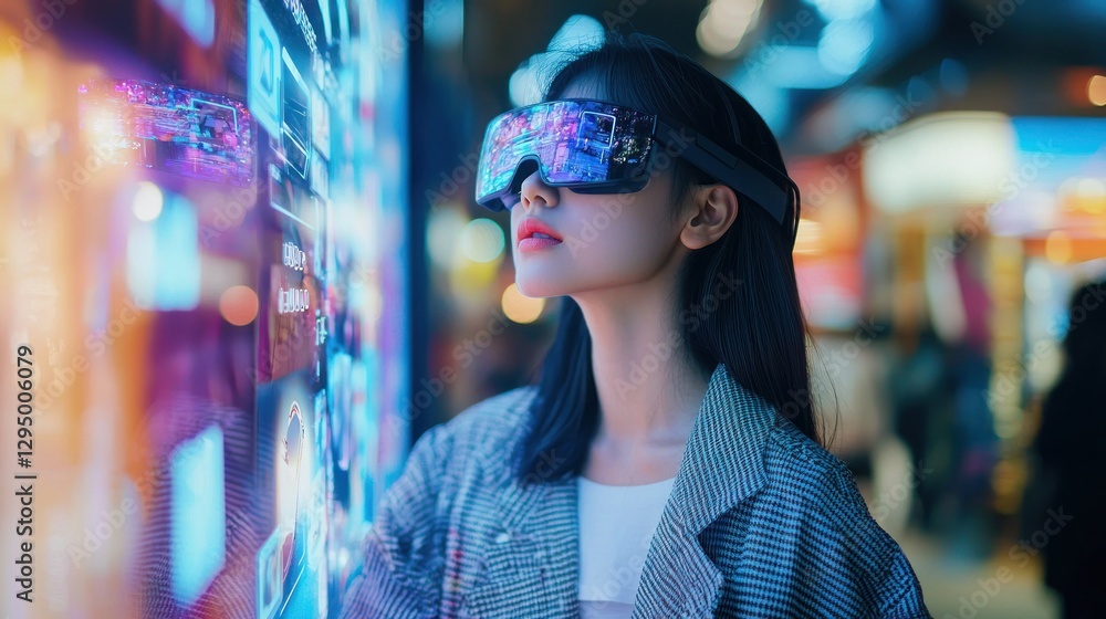 Woman using futuristic AR glasses at night. Woman using futuristic AR glasses at night.