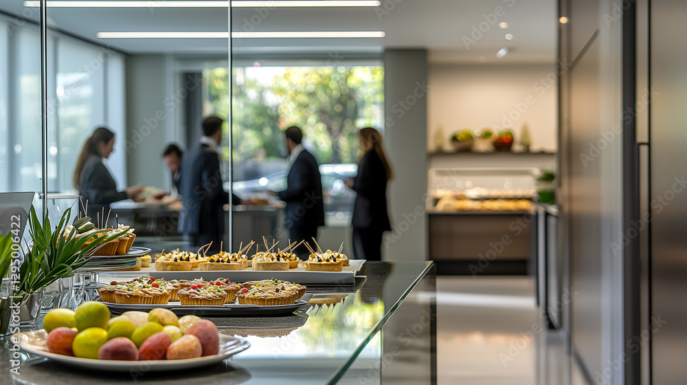 Fototapeta premium An assortment of miniature tarts and fruits are displayed in a professional setting, with people networking in the background.