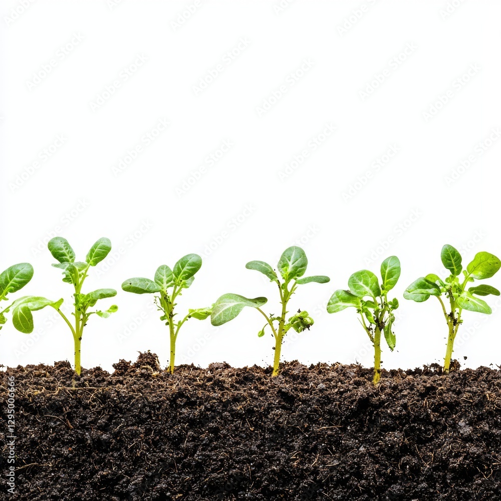 Fresh Green Seedlings Growing in Dark Soil Representing New Life and Agriculture in a Bright White Background Fresh Green Seedlings Growing in Dark Soil Representing New Life and Agriculture in a Bright White Background