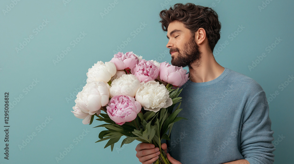 Man holds pink peony bouquet with text space