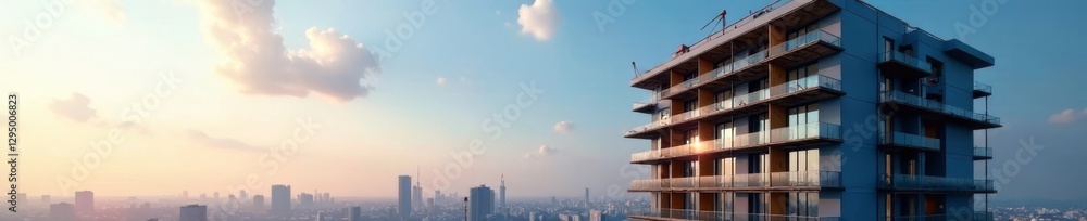 Sleek modern apartment building rising, cranes & scaffolding visible, development, vertical, industry Sleek modern apartment building rising, cranes & scaffolding visible, development, vertical, industry