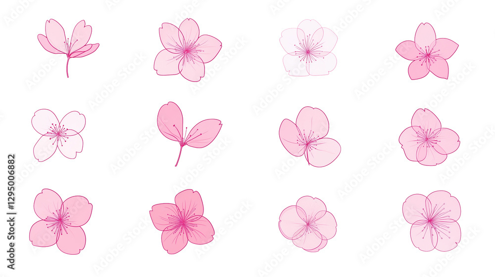 桜の花スケッチ風イラスト|モノクロデザインの桜の枝と花のセット 桜の花スケッチ風イラスト|モノクロデザインの桜の枝と花のセット