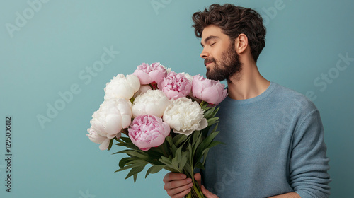 Obraz na płótnie Man holds pink peony bouquet with text space w salonie