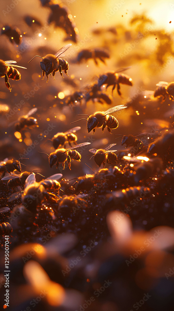 Fototapeta premium Bees gather in golden sunlight during sunset, creating a mesmerizing scene of nature's harmony and pollination's vital role in the ecosystem