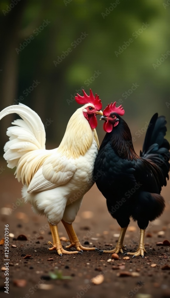 White rooster mating with black hen in farmyard , agriculture, rural White rooster mating with black hen in farmyard , agriculture, rural