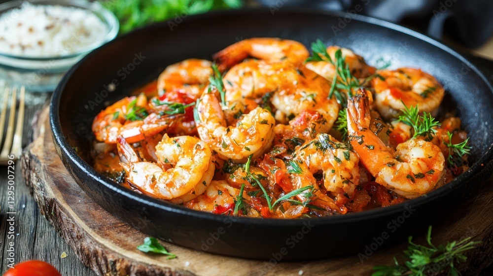 Sauteed shrimp with tomatoes and herbs in a skillet. Sauteed shrimp with tomatoes and herbs in a skillet.