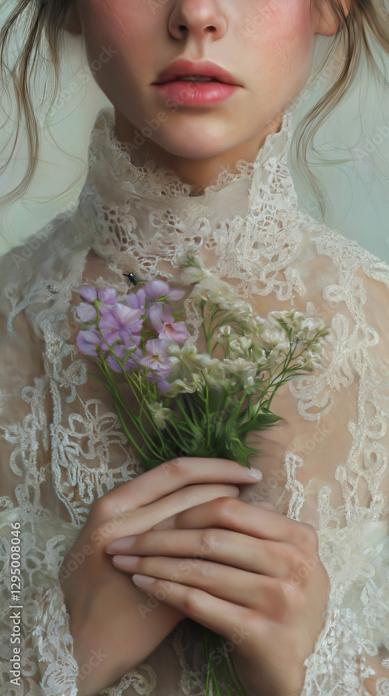 Woman in lacy white dress holds small bouquet of flowers