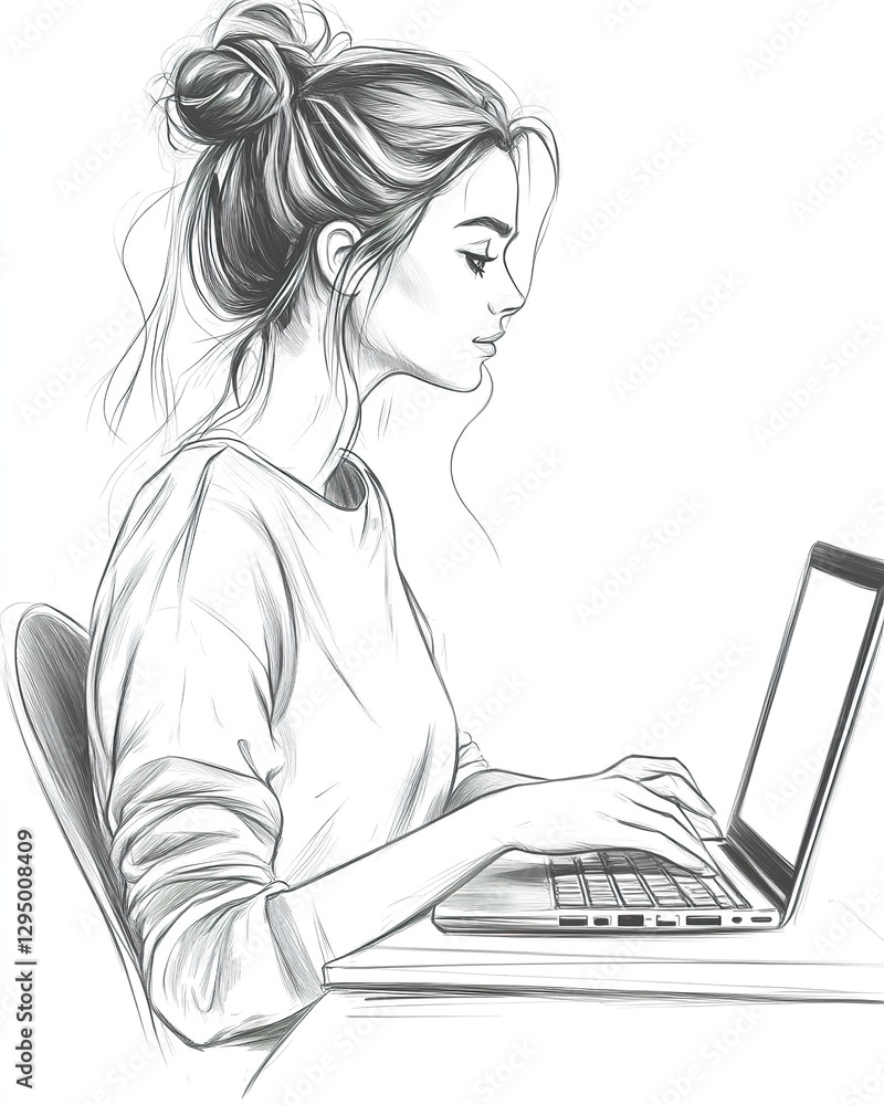 Woman Working on Laptop Stylish Sketch Woman Working on Laptop Stylish Sketch