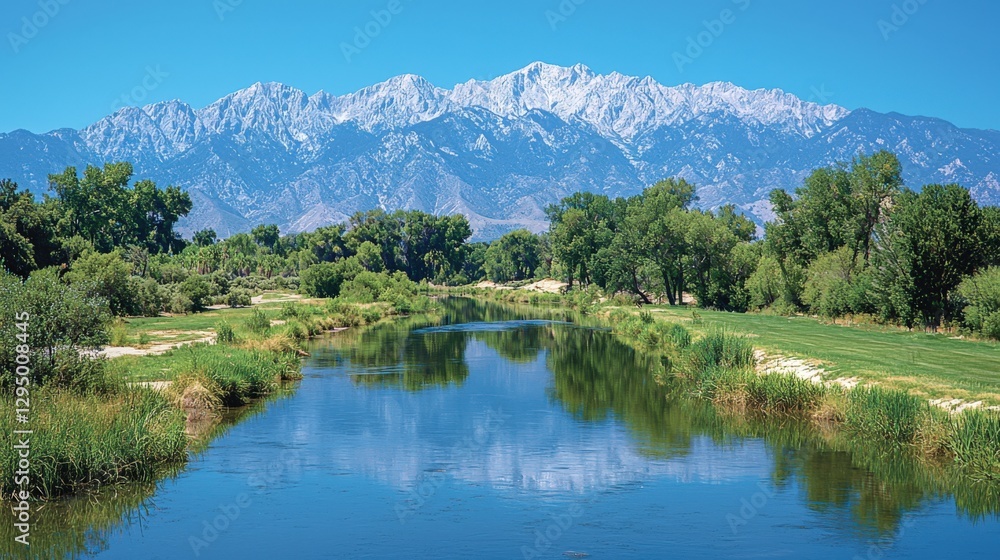 Serene Mountain Landscape with Reflective River and Lush Greenery Serene Mountain Landscape with Reflective River and Lush Greenery