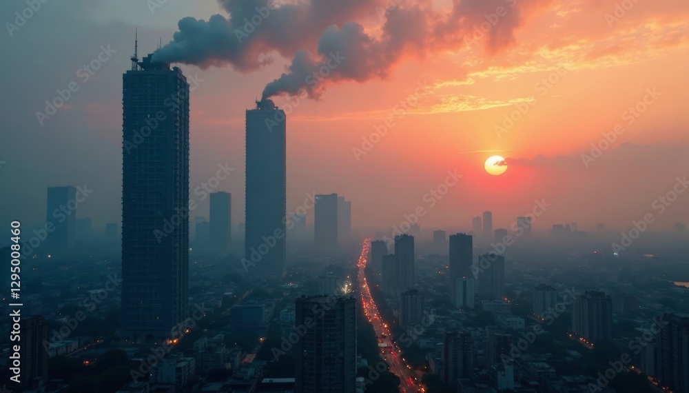 Fototapeta premium Crumbling skyscrapers pierce smog-choked dusk, infrastructure decaying , pollution, decay