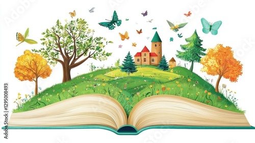 Open book revealing a vibrant fantasy landscape with trees, castle, butterflies, and hills.