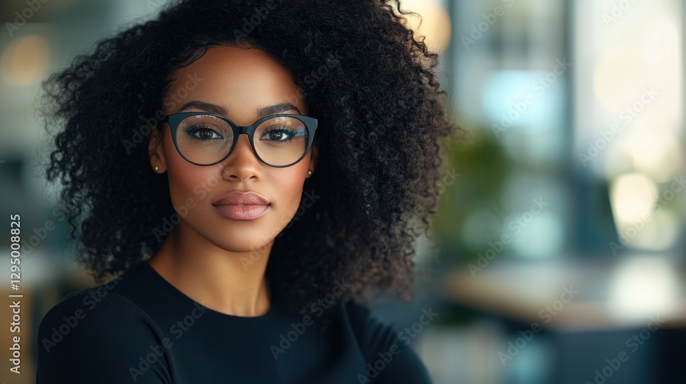Confident businesswoman wearing eyeglasses posing in modern office setting Confident businesswoman wearing eyeglasses posing in modern office setting
