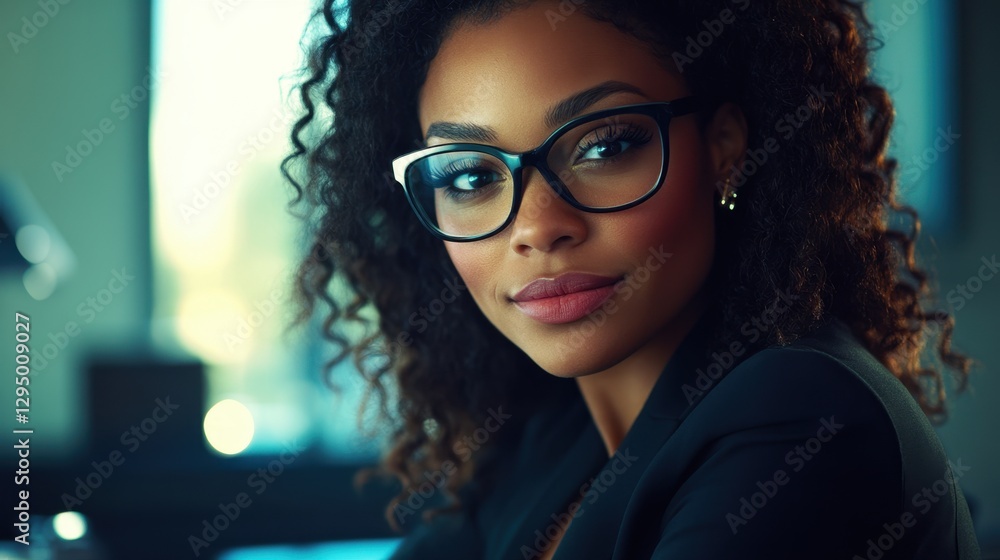 Confident businesswoman wearing eyeglasses in office setting Confident businesswoman wearing eyeglasses in office setting