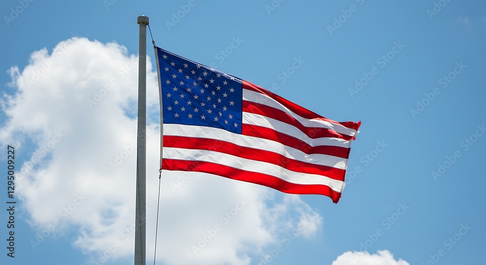 Obraz premium American Flag Waving Proudly Against a Blue Sky with White Clouds