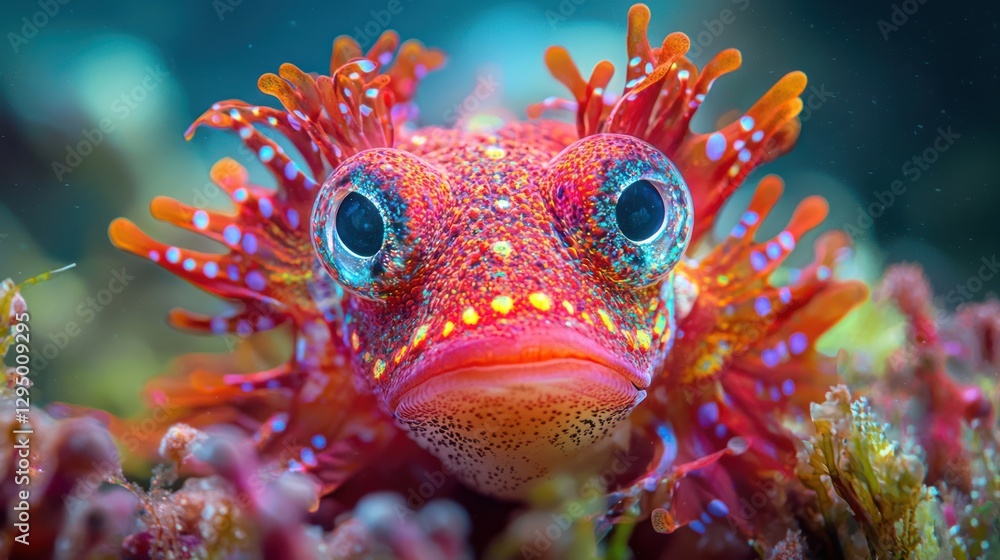Close-up of a vibrant red and orange marine fish with unique head filaments, set against a blurred underwater background. Close-up of a vibrant red and orange marine fish with unique head filaments, set against a blurred underwater background.