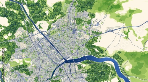 Aerial Map of Urban Area with River and Green Landscape