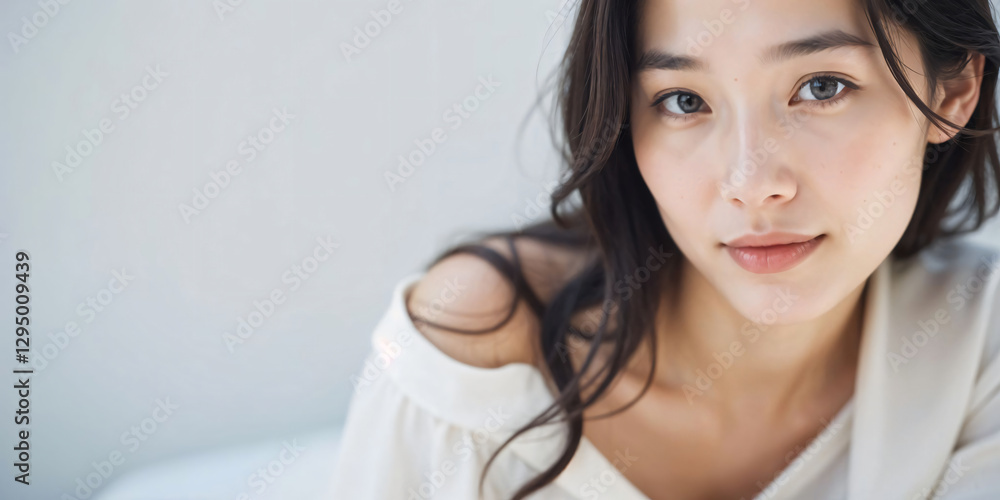Asian woman in white top camisole poses against clean white wall with her black hairstyle, fresh bare skin, the concept of beauty, skincare, and health wellness. Asian woman in white top camisole poses against clean white wall with her black hairstyle, fresh bare skin, the concept of beauty, skincare, and health wellness.