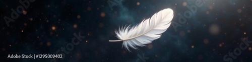 Weightless white feather drifts, light beams illuminate, infinite black void, light, contrast