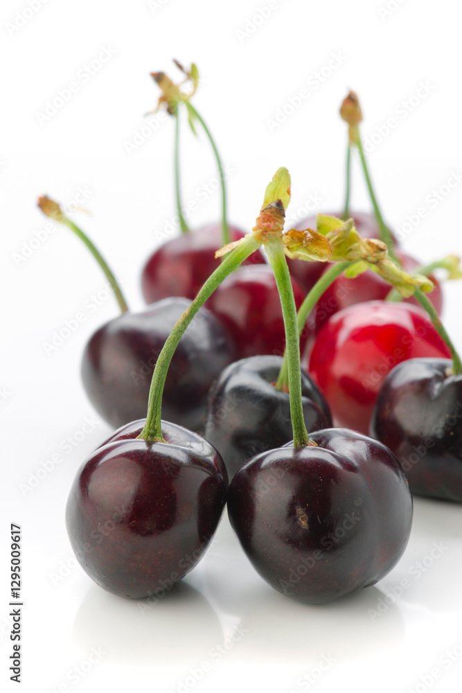 Fresh cherries on a white background showcasing their vibrant colors and glossy appearance Fresh cherries on a white background showcasing their vibrant colors and glossy appearance