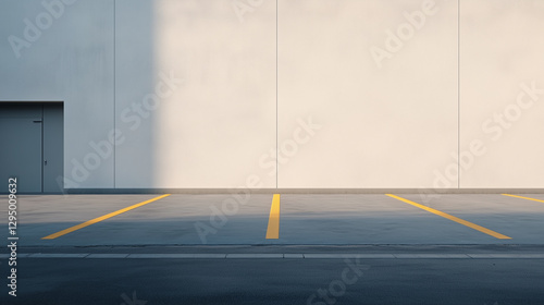 minimalist parking lot with yellow lines against plain wall, evoking sense of calm and order.