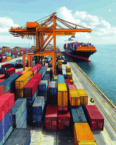 Vibrant Container Shipping Port Vector Image: Colorful Cargo Boxes, Towering Cranes, Vast Ocean Landscape for Global Trade, Logistics, and Maritime Commerce