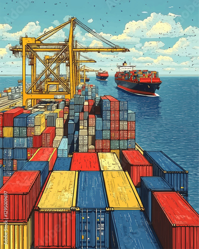 Vector Illustration of Busy Container Shipyard with Stacked Shipping Containers, Cargo Ships, and Cranes at Seaport for Global Maritime Trade and Logistics