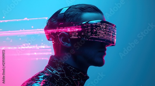 Man wearing futuristic VR headset, neon lights.