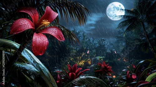 Red Tropical Flower Under Moonlight In Rainy Jungle Night