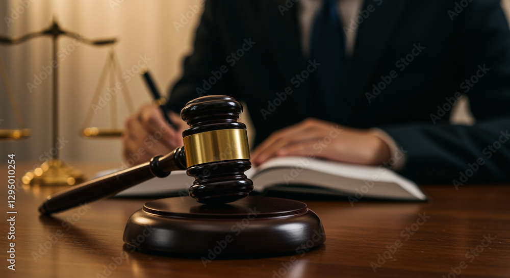 Gavel on wooden table with scales of justice and lawyer writing in book. Law and justice concept with judge in courtroom working. Justice and law symbols on the table Gavel on wooden table with scales of justice and lawyer writing in book. Law and justice concept with judge in courtroom working. Justice and law symbols on the table