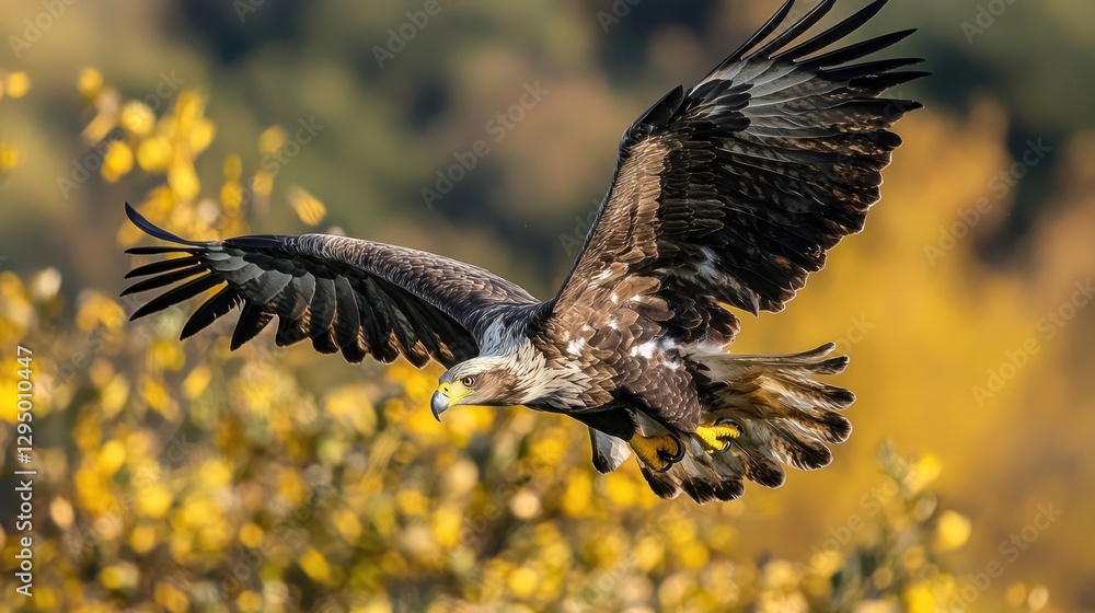 Fototapeta premium Majestic eagle in flight over autumn foliage.