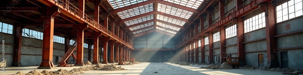 Half-built structure with exposed steel beams and scaffolding ,  incomplete,  industrial,  structure