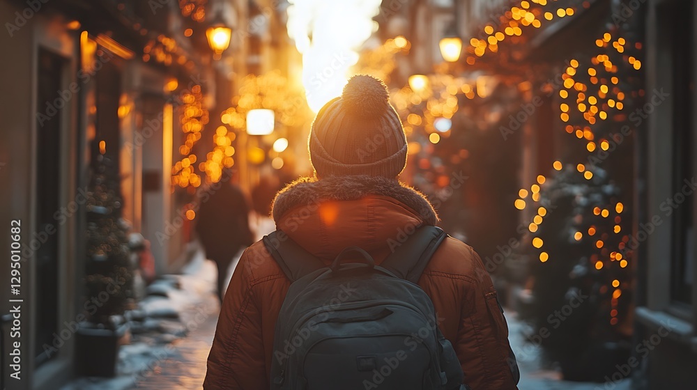 Traveler sunset city street winter Traveler sunset city street winter