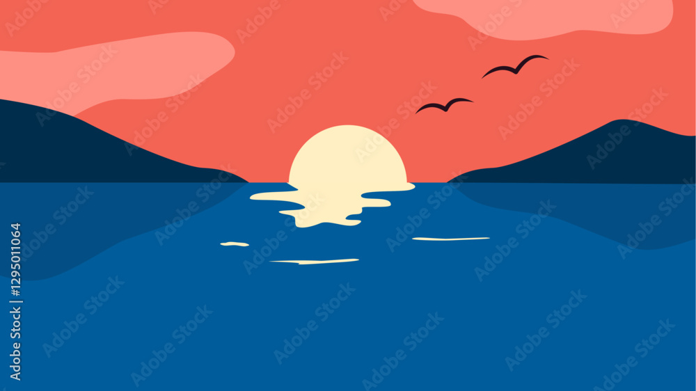 Illustration of Ocean Sunset Scene Illustration of Ocean Sunset Scene
