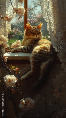 Serene Tabby Cat on Sunny Windowsill Amidst Blooming Flowers and Lace Curtains - Tranquil Home Decor Inspiration and Nature’s Blissful Beauty