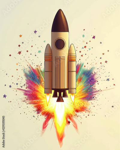 Colorful Rocket Launch Vector Art with Vibrant Explosion of Stars and Flames - Stunning Artistic Representation of Space Travel and Imagination