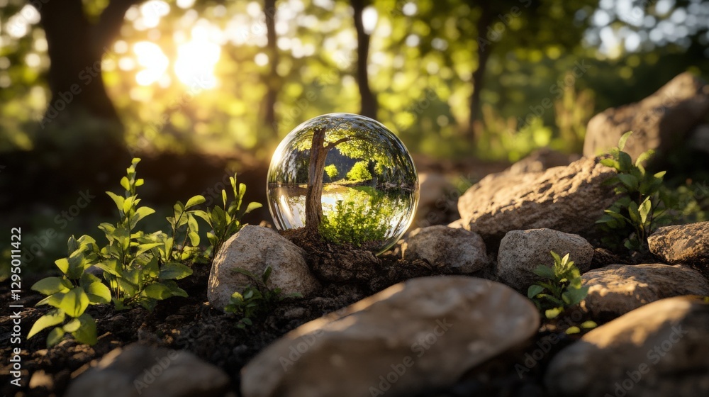 Glass sphere containing green plant resting on a textured rock surface outdoors in natural light Glass sphere containing green plant resting on a textured rock surface outdoors in natural light