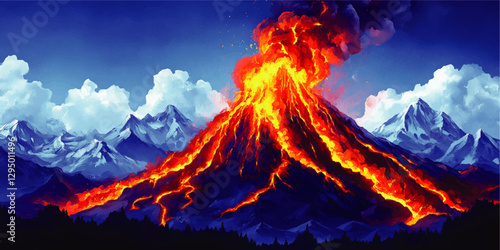 Explosive Volcano Eruption Vector Art with Fiery Lava Flow Against Snowy Mountain Peaks and Cloudy Sky - Stunning Geological Natural Phenomenon Illustration