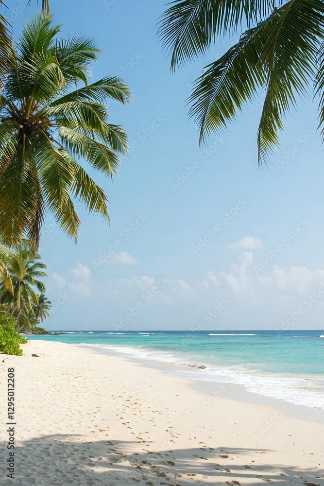 Obraz premium A serene beach scene with soft white sand, gentle waves, and tall palm trees under a clear blue sky. Perfect for relaxation.