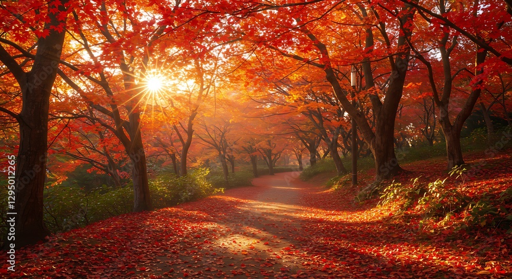 Fototapeta premium Autumn Path with Red Maple Trees and Sunlight Shining Through