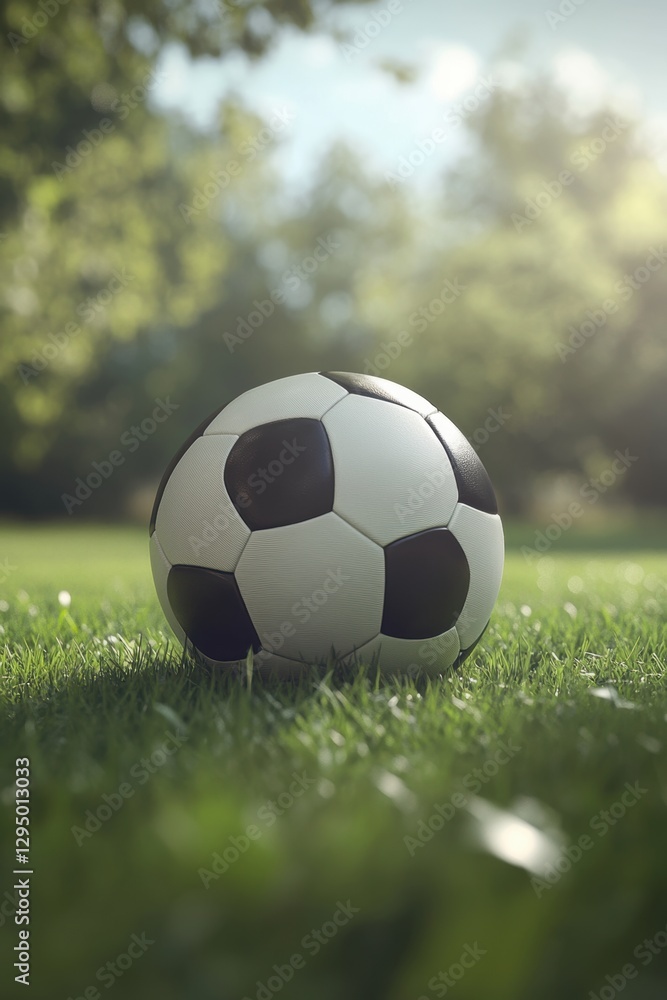 Fototapeta premium Soccer ball on grass lawn. Outdoor activity.