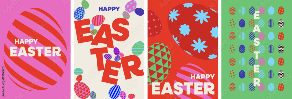 Fototapeta premium Happy, Easter, Poster, Eggs, Playful, Minimal, Joy, Vector illustrations, Colorful, Banner, Cards