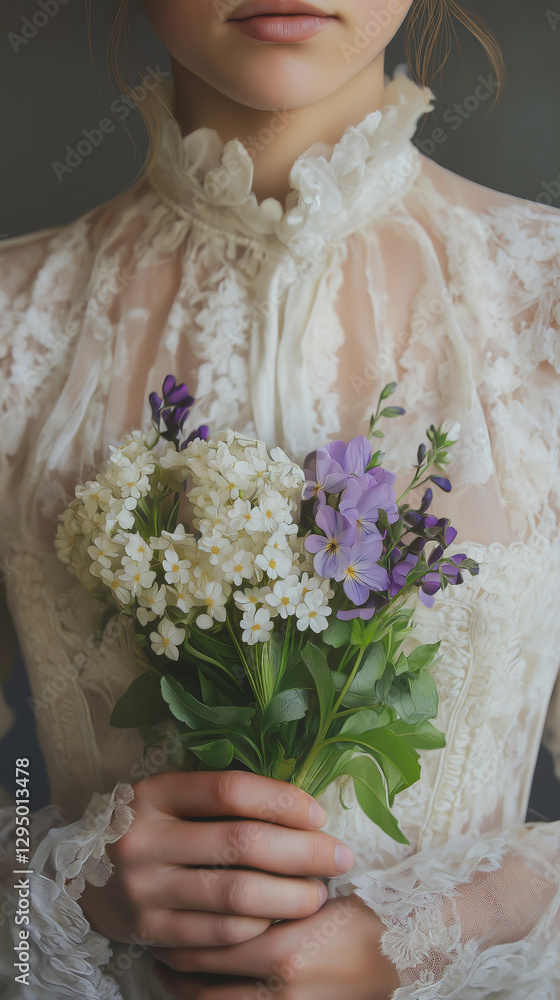 Bride in vintage dress holding bouquet of small flowers
