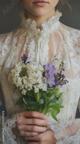 Obraz na płótnie Bride in vintage dress holding bouquet of small flowers w salonie