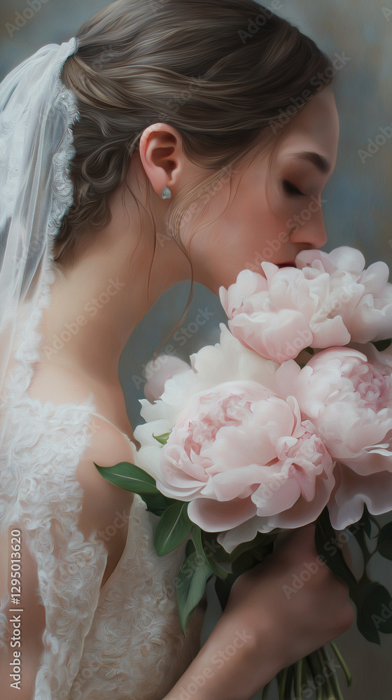 A woman smells the fragrance from her bridal flowers vertical