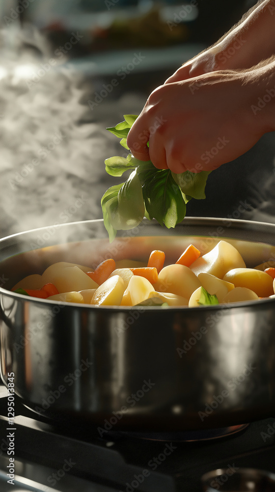 Fresh greens added to pot of vegetables by man