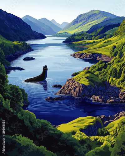 Scenic Loch Ness Landscape with Mysterious Creature Illustration: Scottish Highlands, Serene Waters, Green Hills, Mountains in Background, Artistic Vector Art