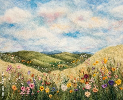 wool felted artwork, countryside, golden fields, lush greenery, and a vibrant array of wildflowers, Soft textures and pastel tones create a dreamy atmosphere