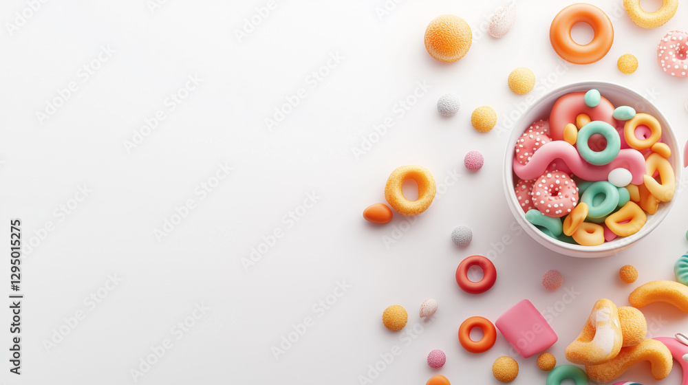 Colorful candy and sweets in bowl with scattered treats on white background. Colorful candy and sweets in bowl with scattered treats on white background.