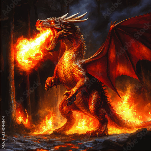 Stunning Vector Illustration of a Fiery Red Dragon Breathing Flames in a Dark Forest - Detailed Fantasy Art for RPGs, Mythical Creature Designs and Storytelling