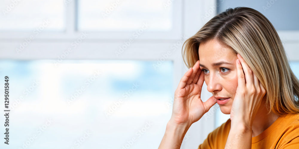 Stressful young female office worker has headache after hard working day, comes home fatigue and overworked, keeps hands on temples, looks desperately down, expresses tiredness and terrible pain Stressful young female office worker has headache after hard working day, comes home fatigue and overworked, keeps hands on temples, looks desperately down, expresses tiredness and terrible pain